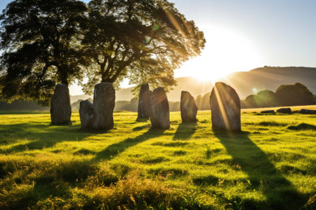 solstice stone circle in afternoon sunlight, created with generative aiの素材