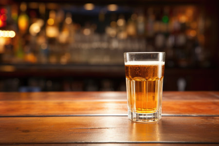 glass of light lager on a wooden bar counter, created with generative aiの素材