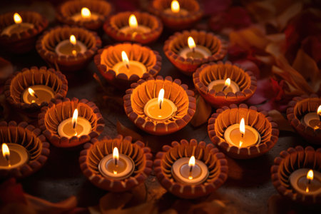 brightly lit earthen diyas arranged in a circle, created with generative aiの素材