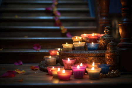 diwali candles on wooden steps for a graded glow, created with generative aiの素材