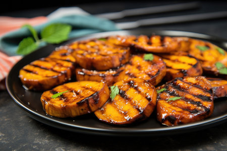 glazed mango bbq grilled plantains on stoneware, created with generative aiの素材