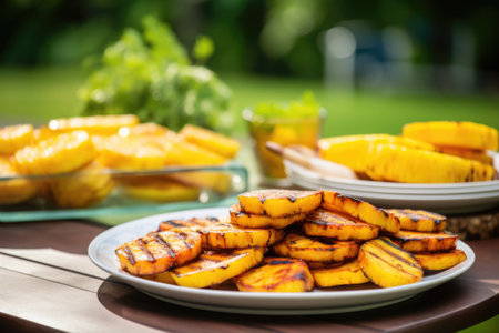 pineapple and mango bbq grilled plantains in a tropical setting, created with generative aiの素材