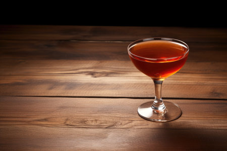 manhattan cocktail on wood table with grain texture, created with generative aiの素材