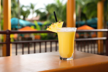 margarita cocktail near a patio table with a tropical view, created with generative aiの素材