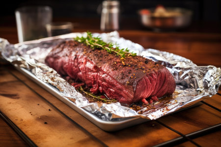 wrapping marinated meat with tin foil for baking, created with generative aiの素材