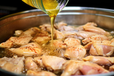dousing chicken pieces in a homemade marinade, created with generative aiの素材
