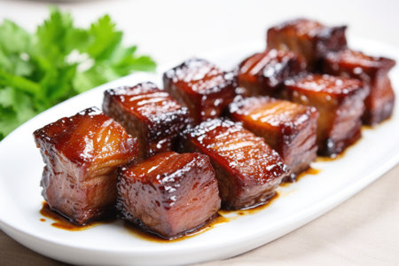 glazed pork belly slices on a white porcelain plate, created with generative aiの素材