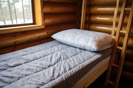 mattress pad on a bunk bed in a rustic cabin, created with generative aiの素材