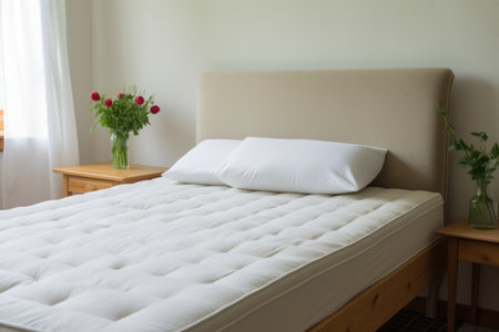 hand-tufted wool mattress in an eco-friendly home, created with generative aiの素材