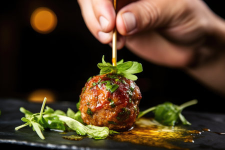 hand garnishing meatball skewer with some fresh herbs, created with generative aiの素材