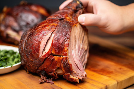 hand holding mesquite smoked turkey leg with bite taken, created with generative aiの素材
