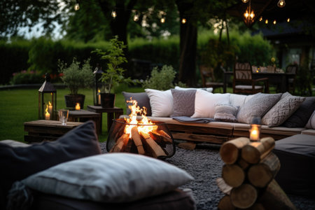 a tranquil outdoor seating area with cushions around a bonfire, created with generative aiの素材