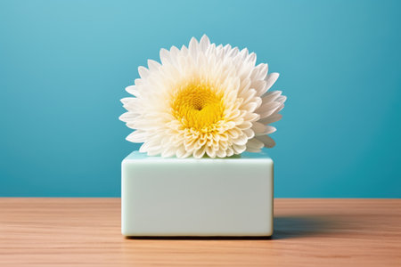 a white chrysanthemum flower on top of a light blue yoga block, created with generative aiの素材
