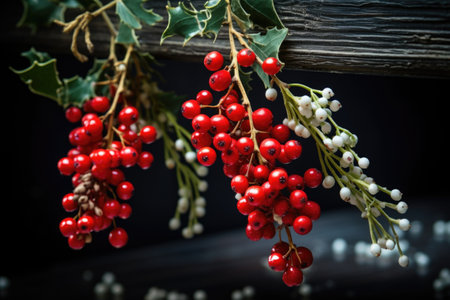 mistletoe hanging on brightly lit christmas tree branch, created with generative aiの素材