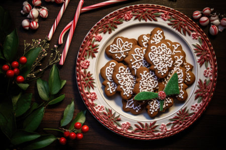overhead view of mistletoe on plate, next to candy canes and gingerbread cookies, created with generative aiの素材