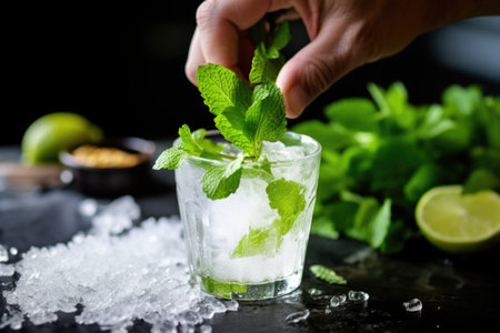 hand stirring sugar and mint leaves in mojito, created with generative aiの素材