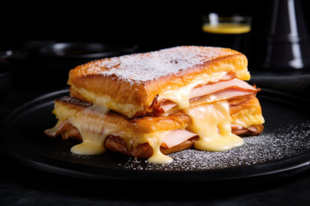 monte cristo sandwich with melting cheese on a black plate, created with generative aiの素材