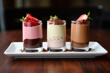 mousse trio featuring chocolate, strawberry, and vanilla, created with generative aiの素材