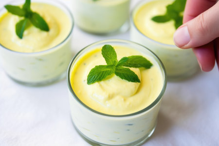 close up of hand placing mint leaf on lemon mousse, created with generative aiの素材