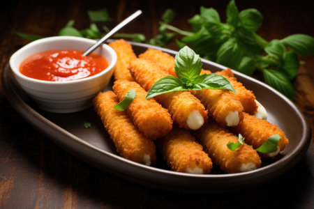 mozzarella sticks dipped in marinara sauce, garnishing around, created with generative aiの素材
