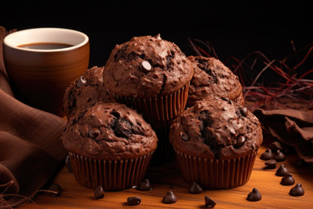 dark chocolate muffins on a brown background, created with generative aiの素材