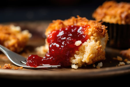 detail of a muffin filled with red jam, with a spoon beside, created with generative aiの素材