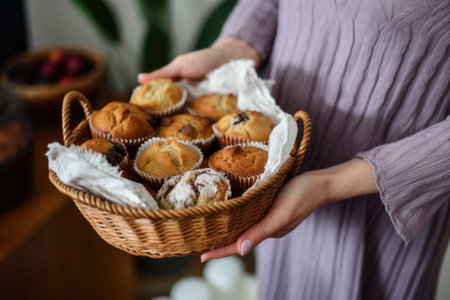 placing muffins in a hand basket, created with generative aiの素材