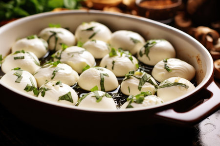 close-up of mushroom caps filled with mozzarella in a baking dish, created with generative aiの素材