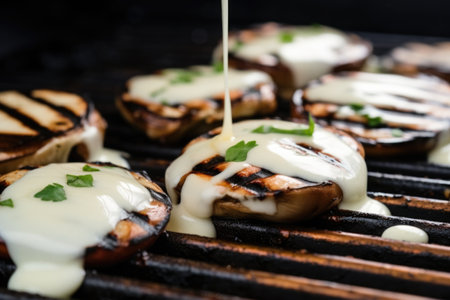 provolone cheese melting down the sides of grilled cremini mushrooms, created with generative aiの素材