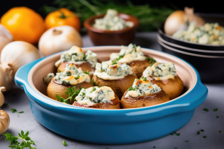 baked mushrooms stuffed with creamy blue cheese in a ceramic dish, created with generative aiの素材