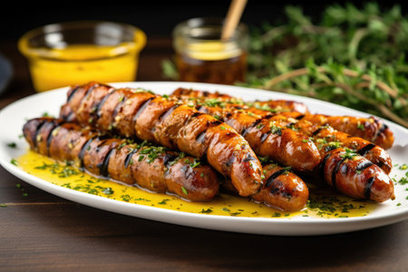 bbq grilled sausages with mustard splotches on a platter, created with generative aiの素材