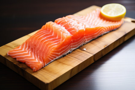 close-up of a salmon fillet on a wooden board, created with generative aiの素材