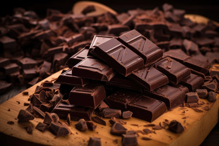 dark chocolate pieces scattered on a brown sheet, created with generative aiの素材