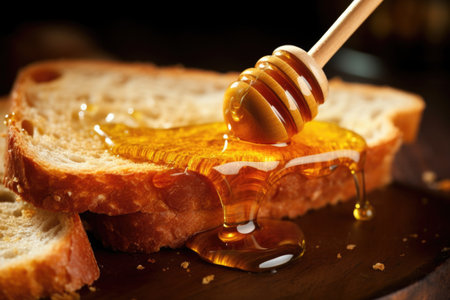 close-up of a spoonful of honey dripping onto bread, created with generative aiの素材