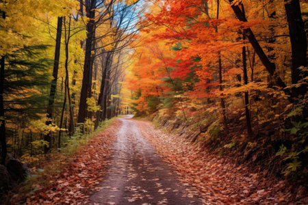 unpaved trail winding through colorful fall woods, created with generative aiの素材