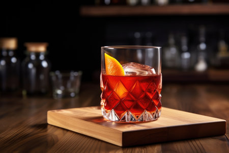 negroni cocktail in a glass on wooden bar top, created with generative aiの素材
