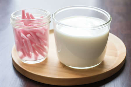 probiotic supplement bottle beside a bowl of yogurt, created with generative aiの素材