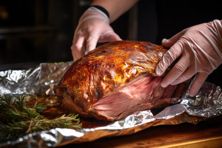 hand wrapping an oak-smoked lamb shoulder in aluminum foil, created with generative aiの素材