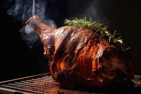 side view of smoke curling from oak-smoked lamb shoulder, created with generative aiの素材