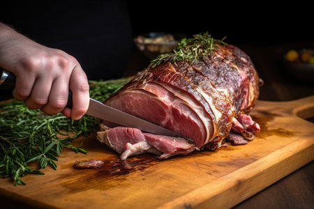 hand holding a kitchen knife through an oak-smoked lamb shoulder, created with generative aiの素材