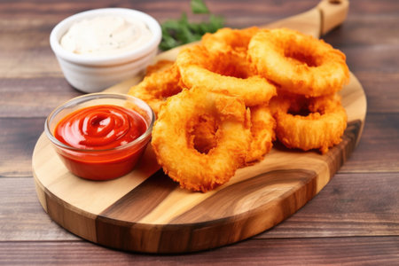 onion rings on a wooden board with ketchup and mayo, created with generative aiの素材
