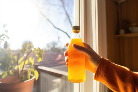 hand holding a bottle of orange soda in front of a sunny window, created with generative aiの素材