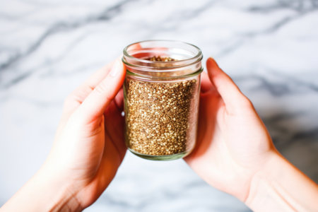 hand holding a jar of cooked and blended quinoa, created with generative aiの素材