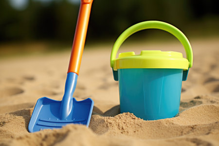 toy shovel and pail on playground sand, created with generative aiの素材