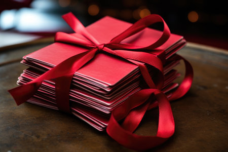 close-up of a red ribbon tying up a stack of secret santa invitations, created with generative aiの素材