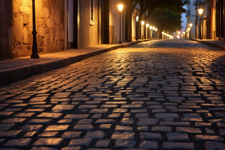 illuminated lanterns casting shadows on a cobblestone path, created with generative aiの素材