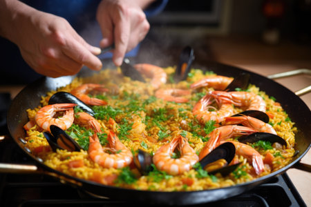 hand garnishing paella with chopped parsley, created with generative aiの素材