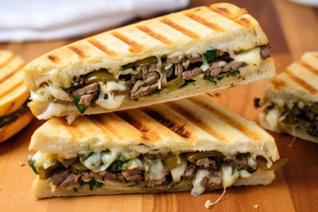 philly cheesesteak panini sliced down the middle, created with generative aiの素材
