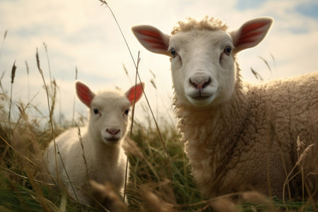 sheep with her lamb in a grassy field, created with generative aiの素材