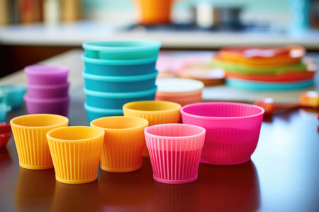 baking equipment with colorful silicone cups for muffins, created with generative aiの素材